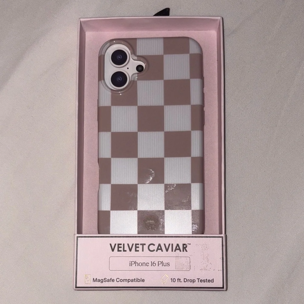 Velvet Caviar iPhone 16 Plus Case - Nude and White Checkered